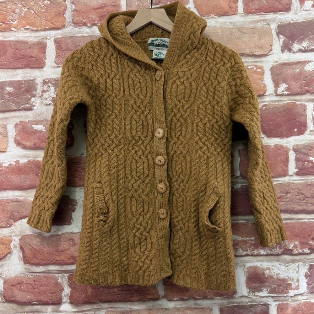 VTG Aran Crafts Sweater Womens S Brown Merino Wool Hooded Cableknit Thick Chunky